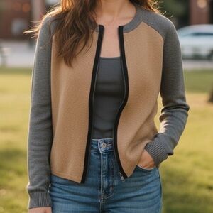 Reed Krakoff Silk and Wool Knit Color Block Tan/Grey Full Zip Cardigan Sweater